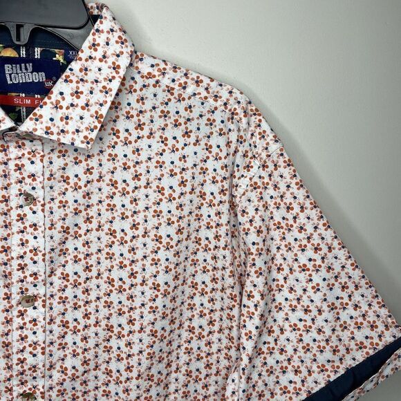 BILLY LONDON UK Shirt Mens XXL White Orange Floral Button Up Slim Fit Stretch - Picture 2 of 9